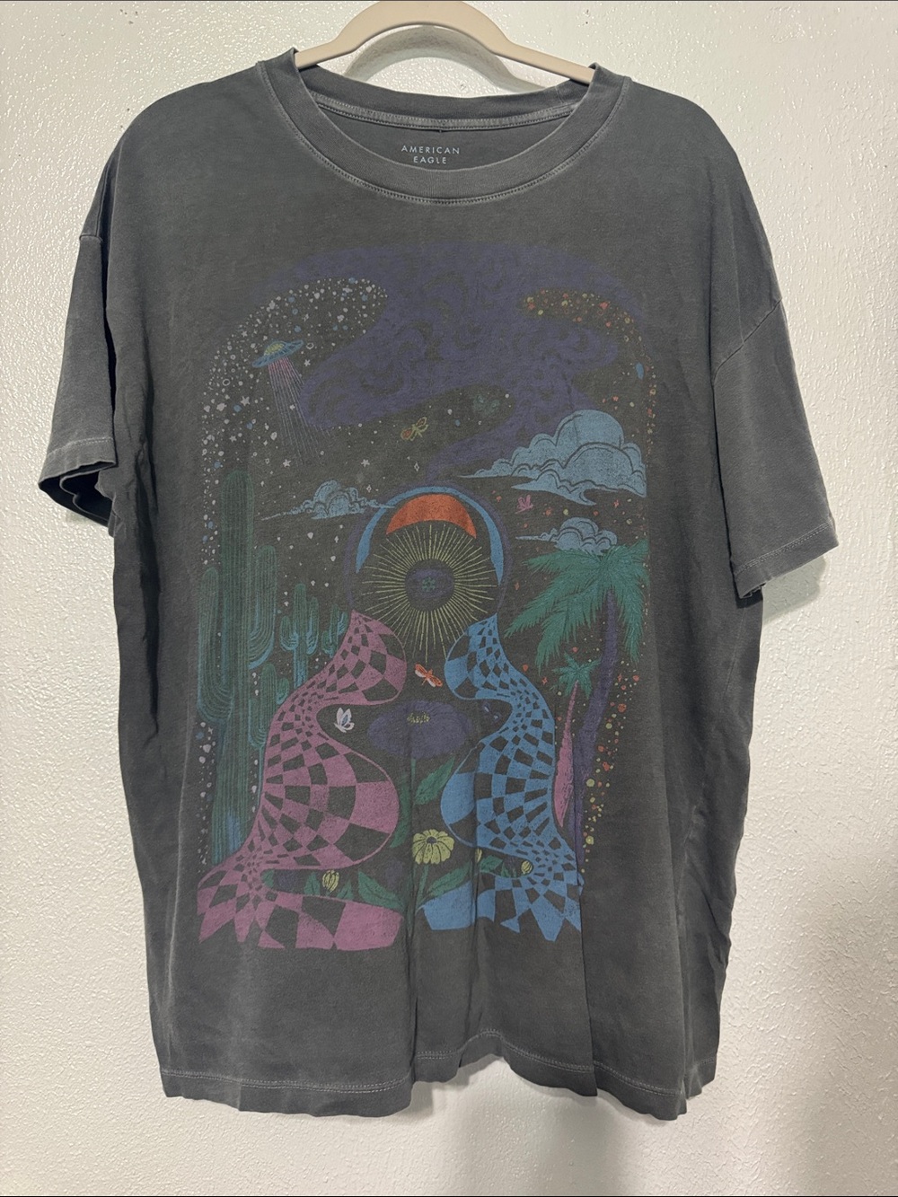 American Eagle Psychedelic Desert Eye UFO Graphic Tee Oversized Faded Black Top